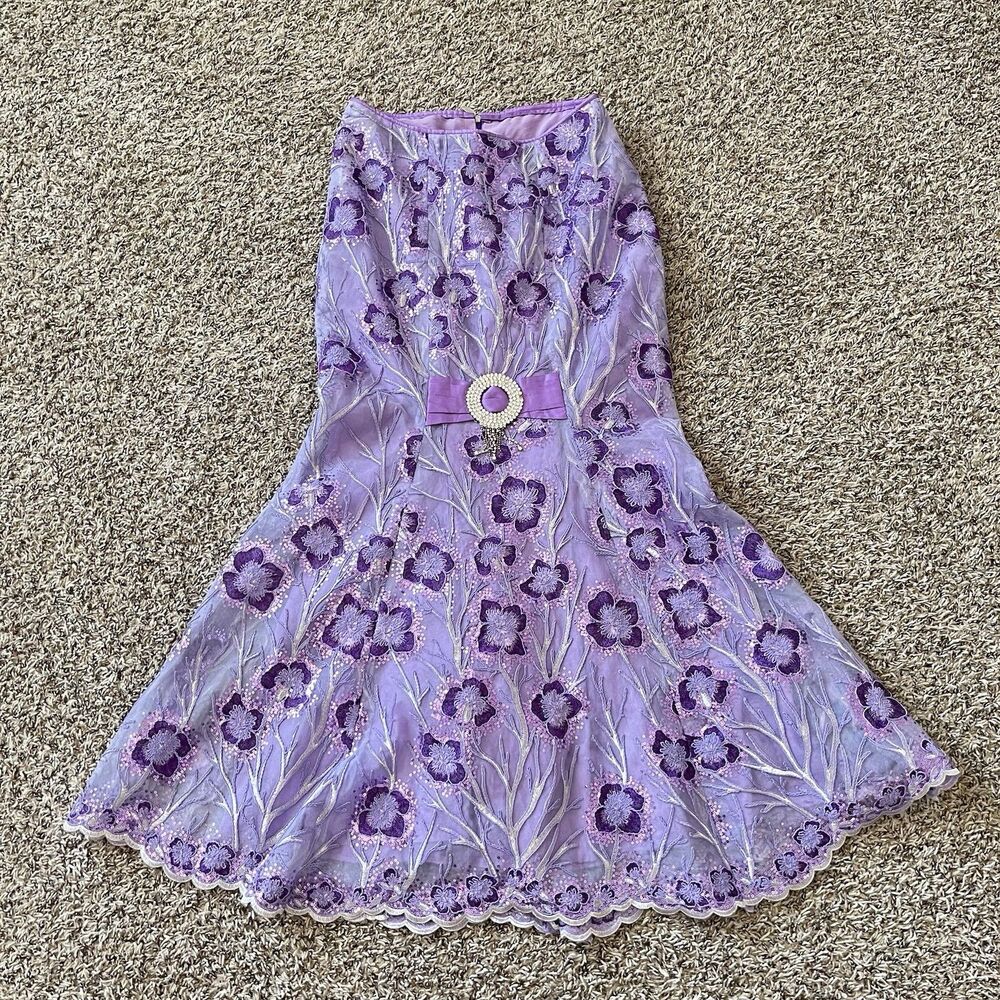 Vtg Foral Sequin Lace Maxi Skirt Y2K Handmade Beaded Lavender Sz 10/L Waist 31”